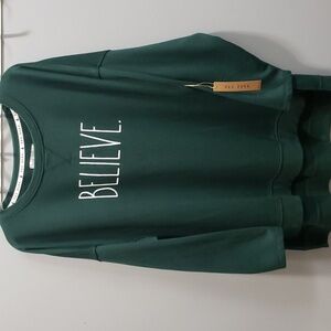 Rae Dunn NWT "BELIEVE" Pine Green Fleece Tunic Sweatshirt